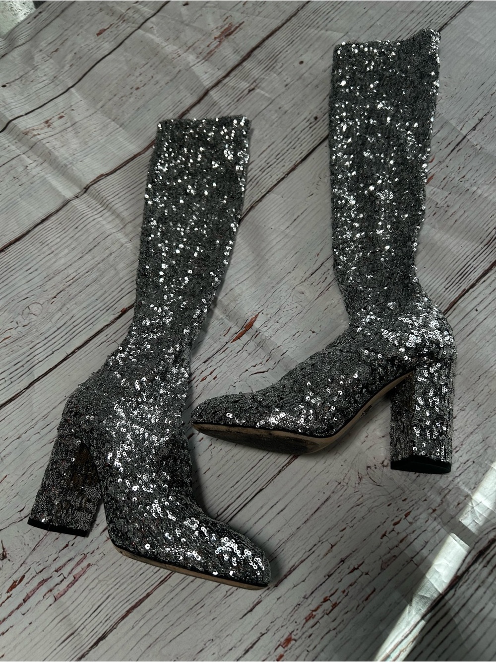Dolce & Gabbana Silver Sequin Knee-High Block Heel Sock Boots Sz 37 - Picture 16 of 16